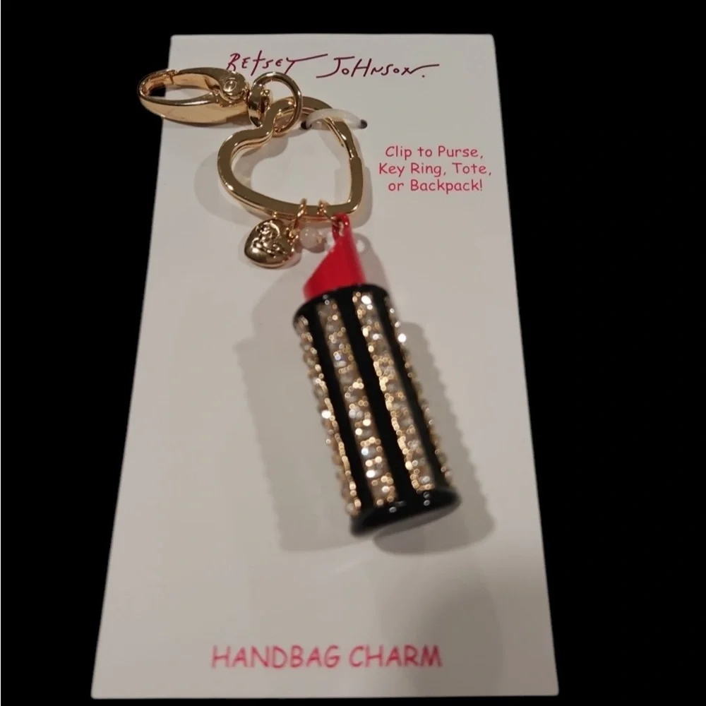BETSEY JOHNSON Fire Engine Red Lipstick Crystal-Studded Bag Charm Keychain NWT